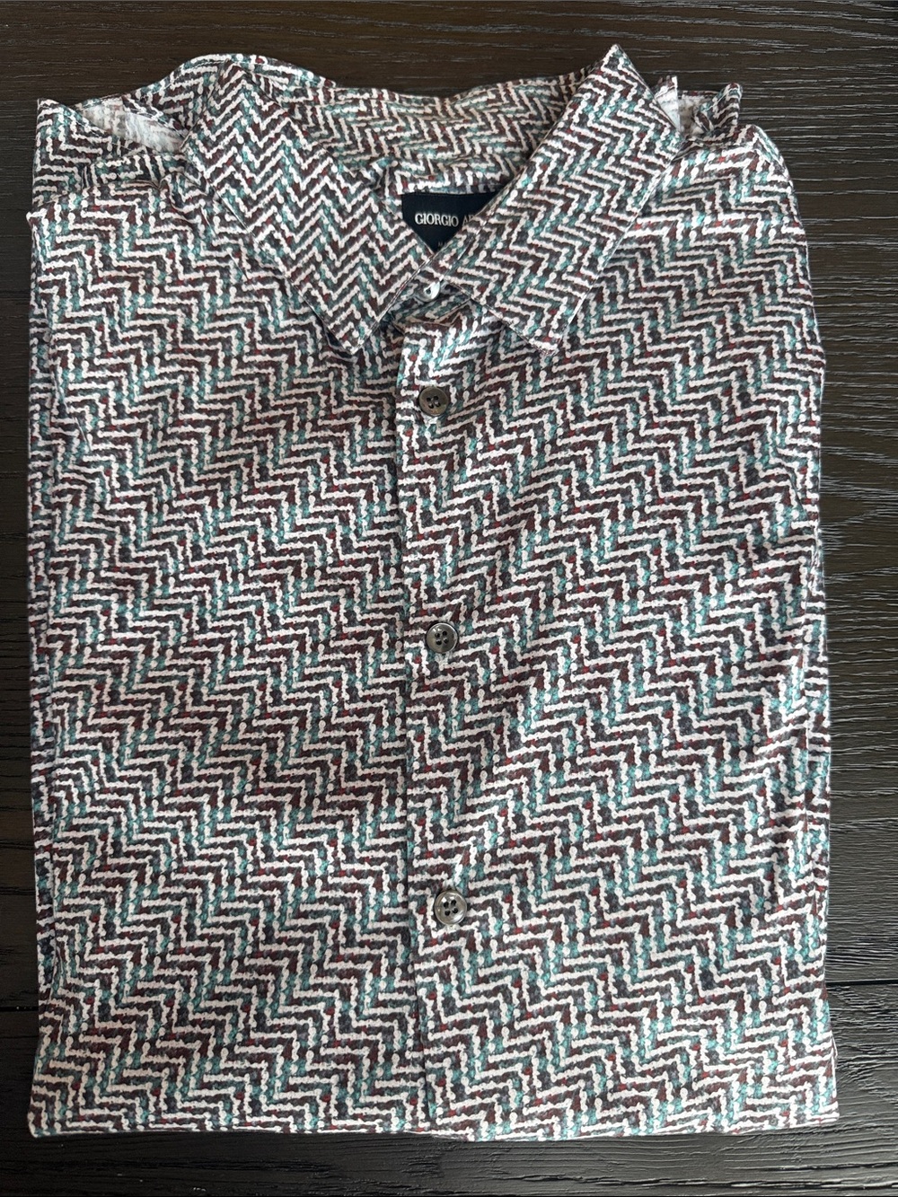 Giorgio Armani Brown and Teal Herringbone Casual Button-Down Shirt